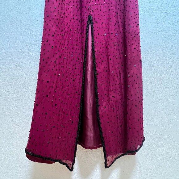 NWT SCALA Sequined Evening Beaded Halter Silk Burgundy Maxi Prom Dress L 9-10 - Picture 8 of 15